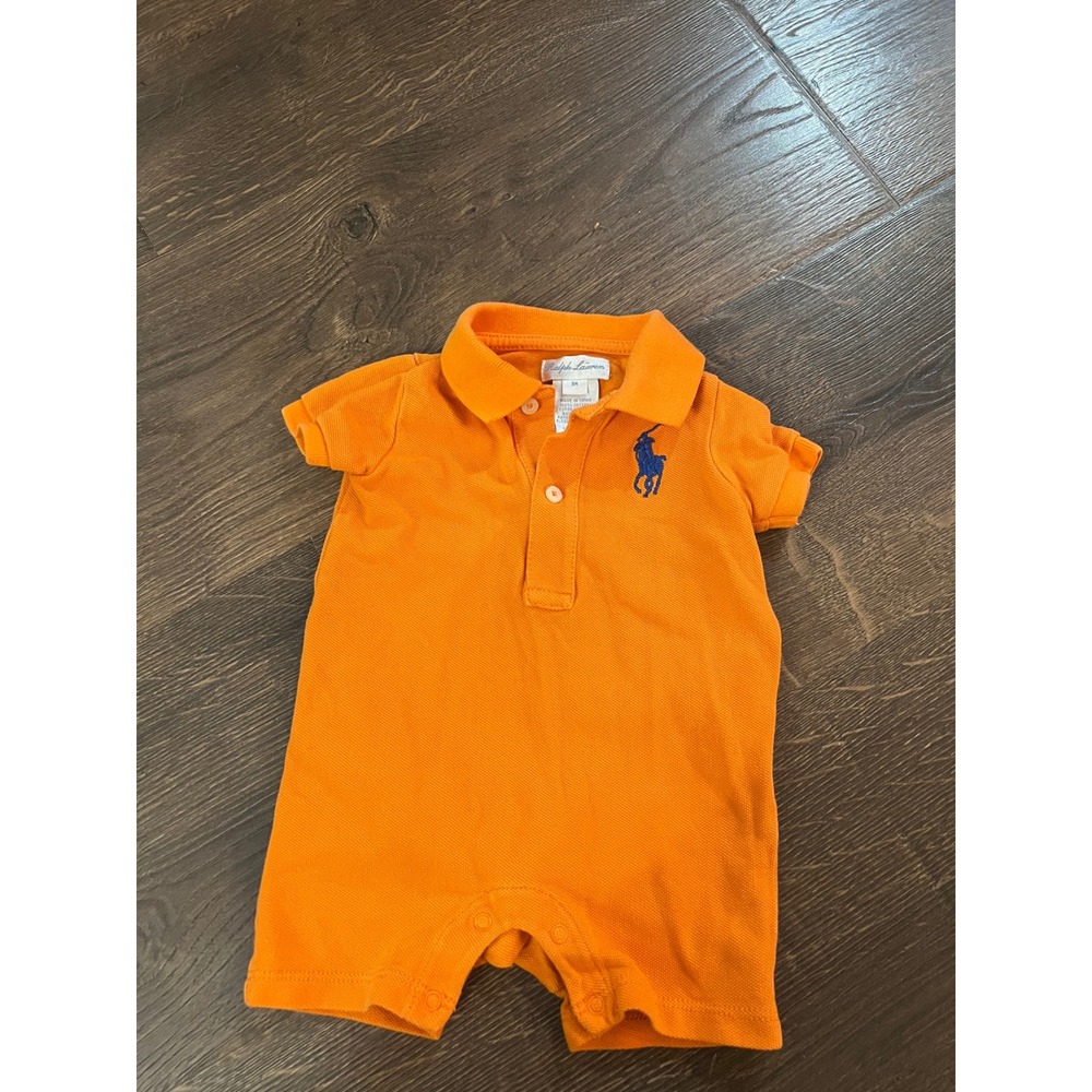 Ralph Lauren Baby Boys Orange Cotton Pique Polo Romper 3M Navy Blue Pony Logo